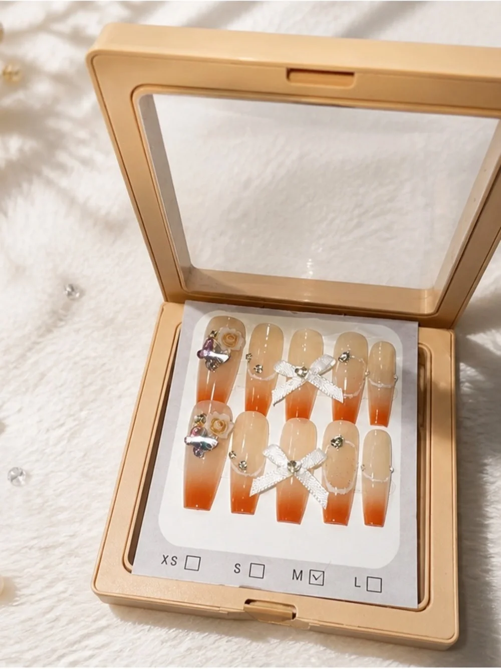 Premium Ombre Orange Press-On Nails with Bow & Gem Accents - 10pcs - Size Medium